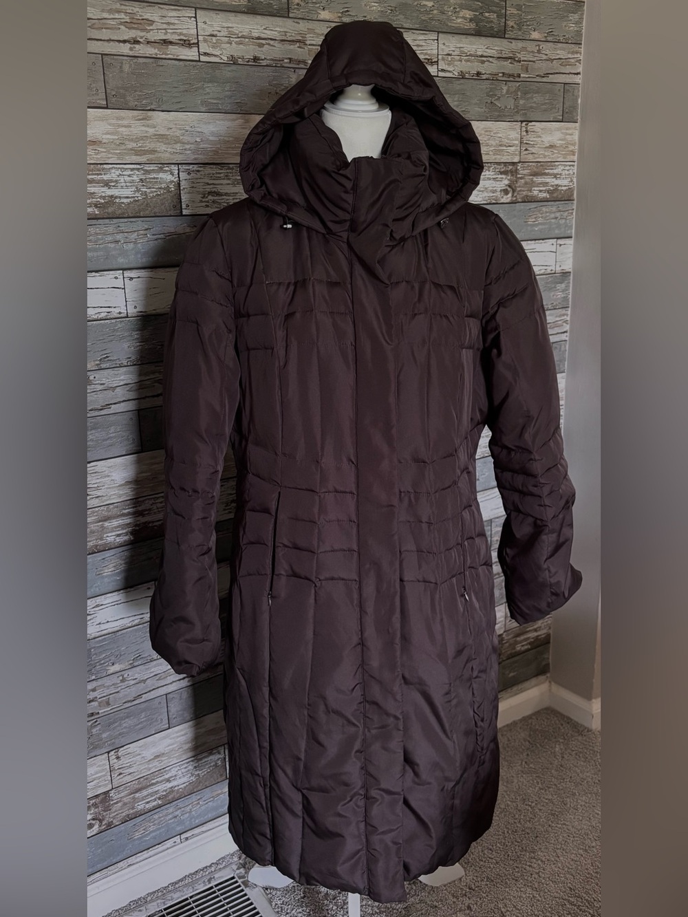 Calvin Klein Down Feather Long Hooded Puffer Coat Dark Brown Outerwear Womens M